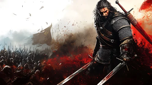 Armored swordsman in crimson battle haze facing charging army