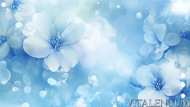 Rendered floral composition with blue and white petals in soft focus