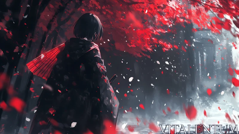 Anime samurai figure under crimson foliage in dynamic snowfall.