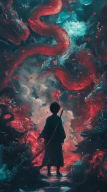 Sword-bearing wanderer confronts luminous celestial dragon