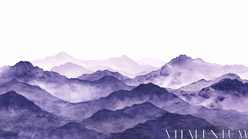 Layered violet mountain ranges in mist against blank sky.