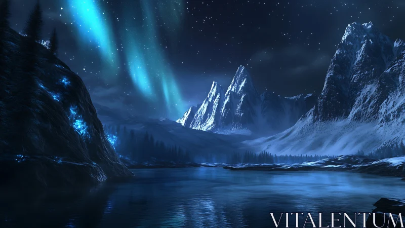 Aurora floods a frozen mountain lake with icy celestial light