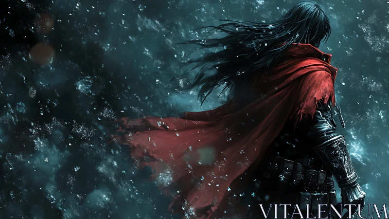 Wanderer in the crimson cloak crossing a storm of sparks.