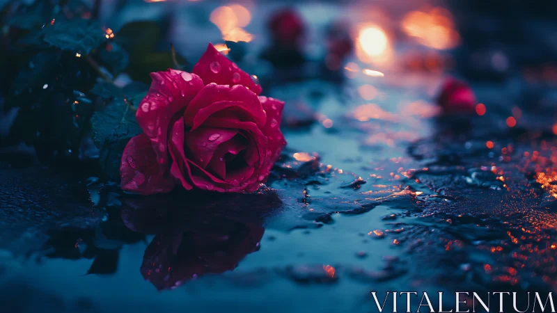 Single wet rose on reflective surface under low light.