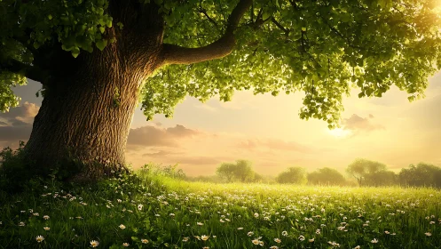 Golden sunset light warms a peaceful meadow beneath an old tree