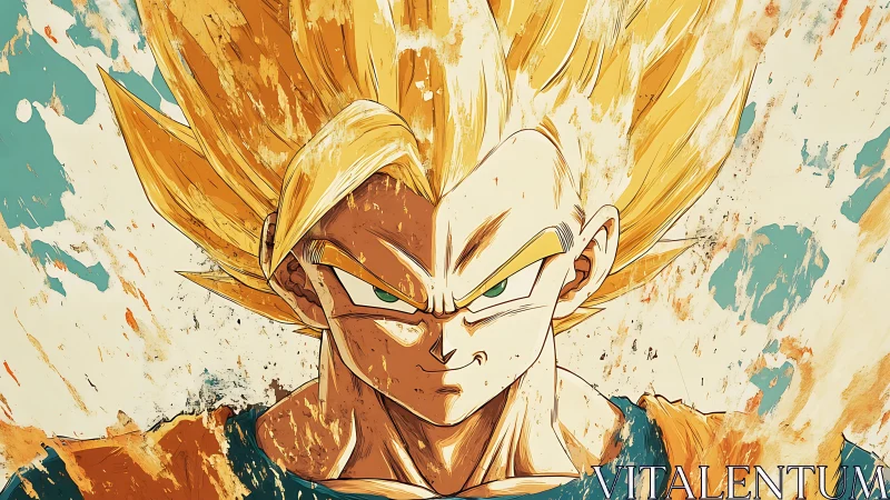 Bold anime warrior glowing with golden, determined energy.