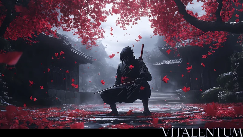 Hooded swordsman in courtyard beneath dense red maple canopy.