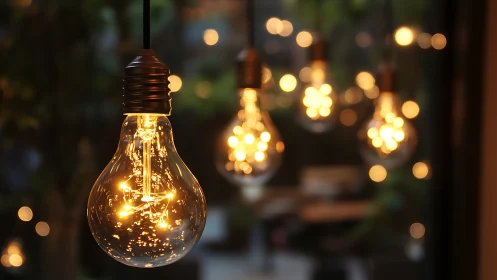 Golden evening glow inside hanging vintage bulbs.