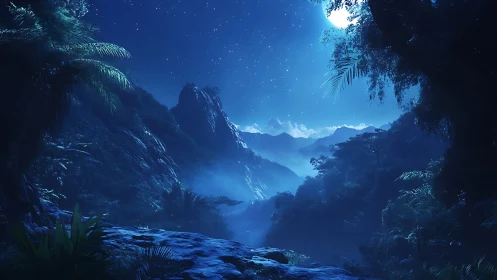 Moonlit jungle valley wrapped in dreamy midnight blue.