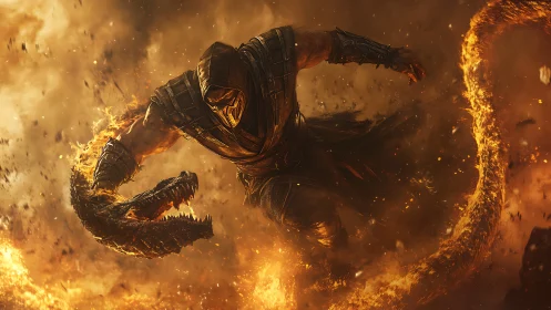 Hooded warrior commands flaming serpent in explosive inferno.