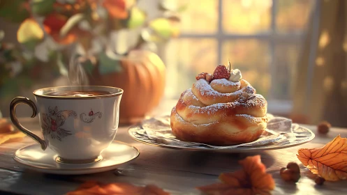 Tea cup and pastry sit on wooden table near window