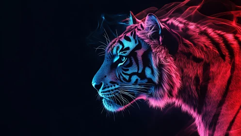 Neon bicolor tiger profile in glowing cyber jungle haze.