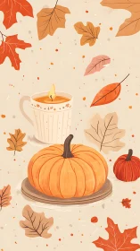 Cozy pumpkin still life amid swirling autumn leaves.