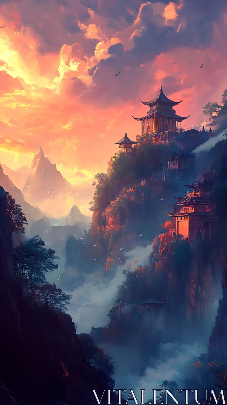 Mountain temples overlook misty valley at sunset.