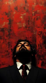 Man in suit against textured red background, upward pose.
