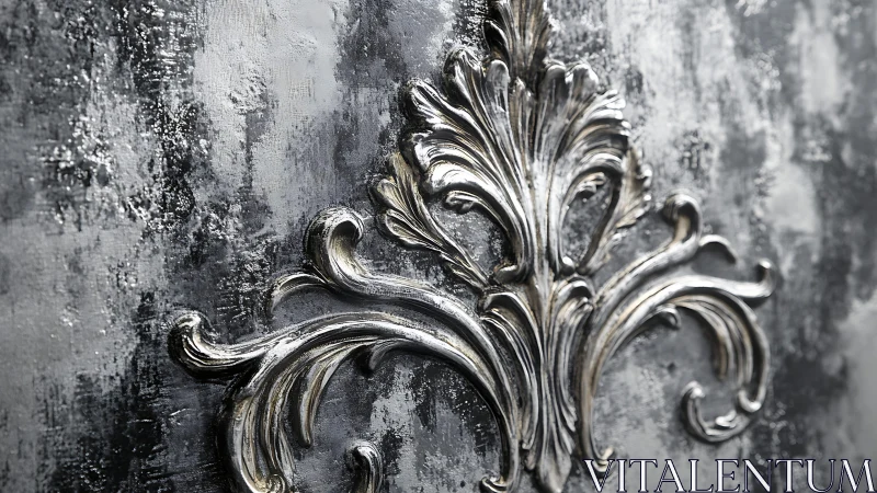 Ornate silver baroque motif gleams on textured grey wall