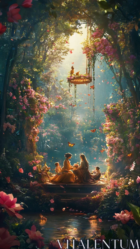 Family on forest raft under glowing floral canopy at dusk.