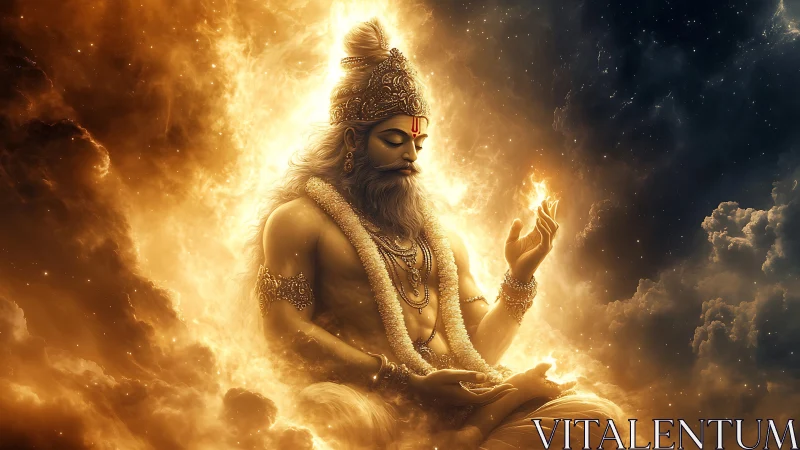 Radiant meditating deity enveloped in volumetric fiery nebula