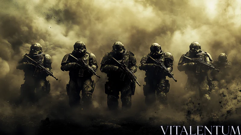 Armored soldiers advance through burning battlefield smoke.