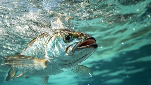 Fish breaks water surface with mouth open in clear turquoise sea