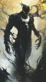 Symbiotic shadow entity emerging through arboreal biofluid vortices.