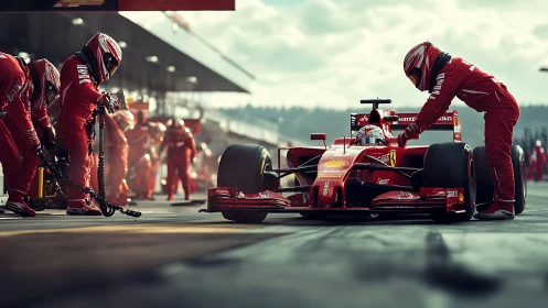 Formula 1 pit stop with red race car and full crew on track.