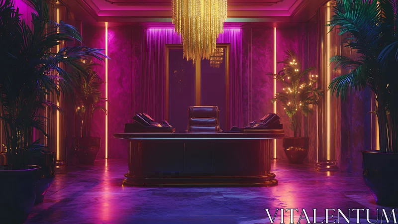 Neon drenched power desk waits beneath a golden waterfall