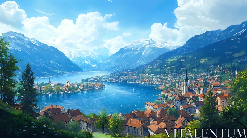 Lakeside alpine town with red roofs and distant peaks.