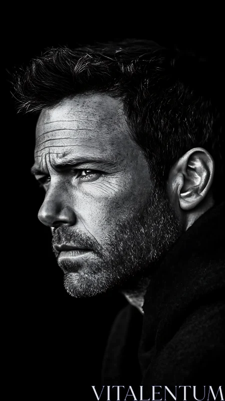 Intense side-lit male portrait in stark monochrome profile.