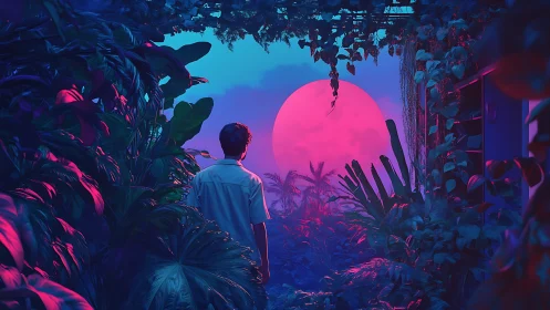 Neon-lit jungle corridor frames solitary figure and magenta moon