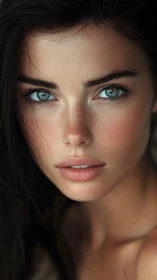Ultrarealistic close portrait of young woman with teal eyes