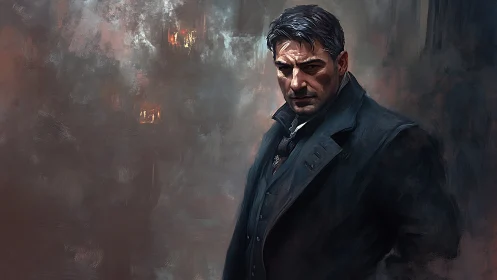 Male figure in dark overcoat stands before abstract backdrop