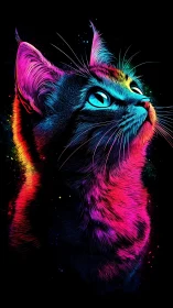 Neon starlight paints a curious cosmic cat in electric glow