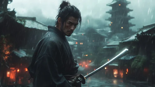 Ronin swordsman stands in rain-drenched samurai street.