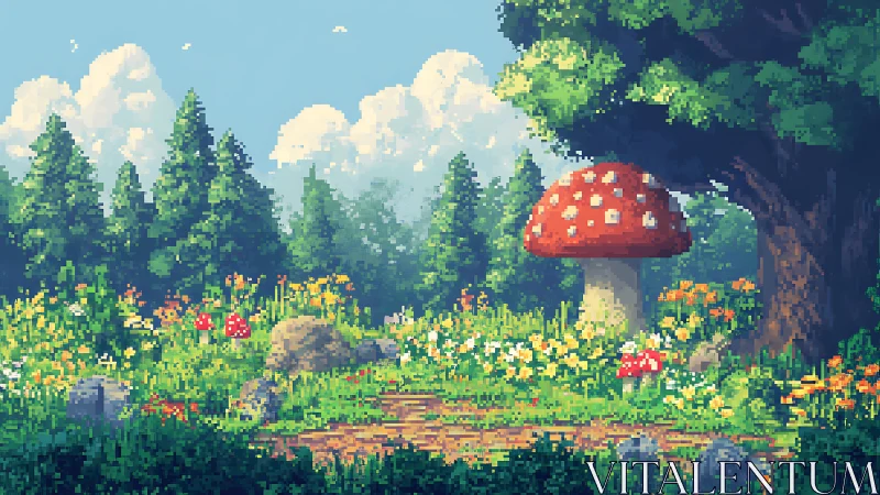 Pixel art forest scene with red spotted mushroom and flowering meadow.
