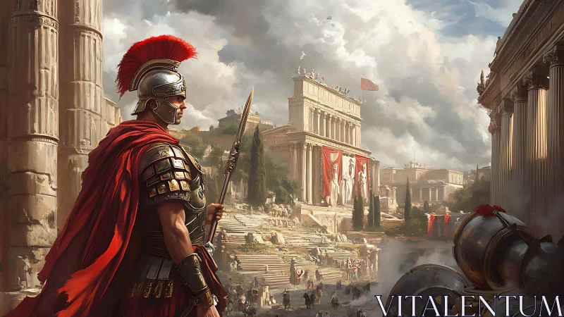 Roman guardian overlooking a sunlit imperial forum.