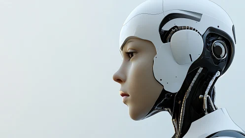 Futuristic female android gazes ahead in serene profile view