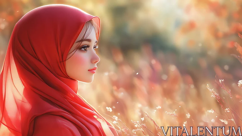Side-profile portrait in warm backlit field with red hijab