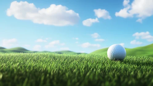 Sunlit golf ball resting on vivid fairway grass.