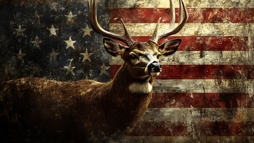 Deer with antlers stands before worn American flag background.