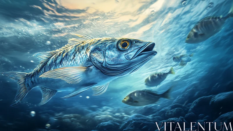 Curious silver fish gliding through sunlit ocean blues.