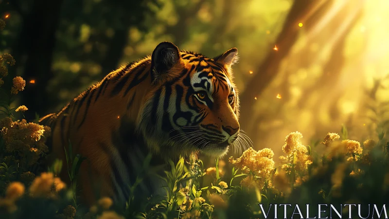 Sunlit tiger drifts through a firefly garden of golden hush