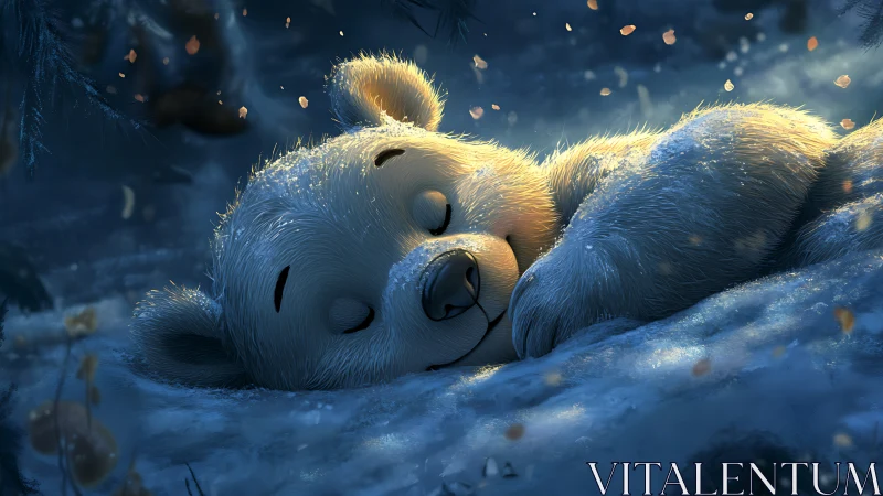 Sleeping polar bear cub lies curled on snowy forest ground