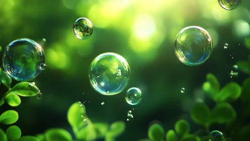 Sunlit soap bubbles drift gently above lush green leaves