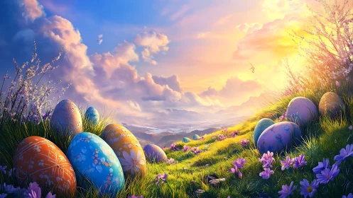 Colorful Easter eggs on bright spring hillside at sunrise