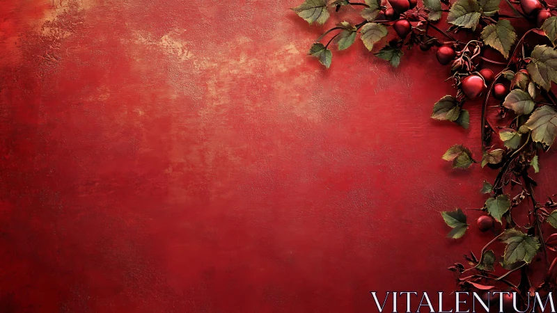 Scarlet textured wall with vine and red seasonal berries.
