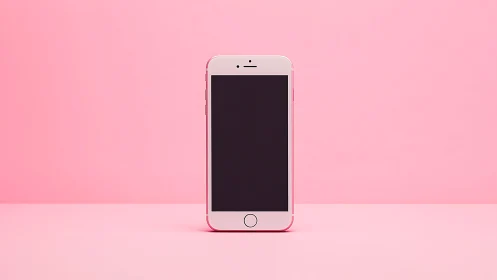 Pink iPhone with dark screen on gradient background.