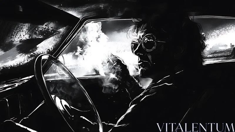 Smoky monochrome car interior with reflective driver portrait.