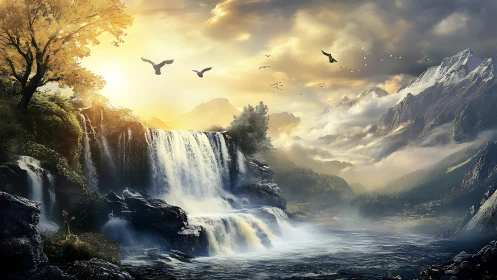 Golden sunrise illuminates waterfall and misty mountain valley