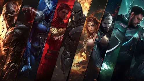 Dynamic multi-panel fantasy heroes in diagonal cinematic layout.